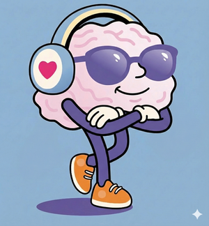 Rotty wearing headphones and sunglasses, sipping a drink